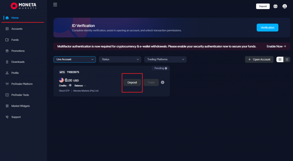 Deposit Moneta Markets 1 step
