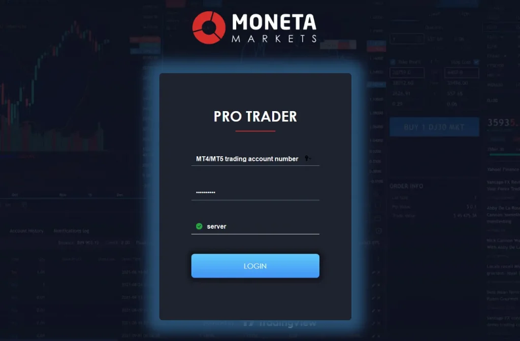 Protrader login Moneta Markets